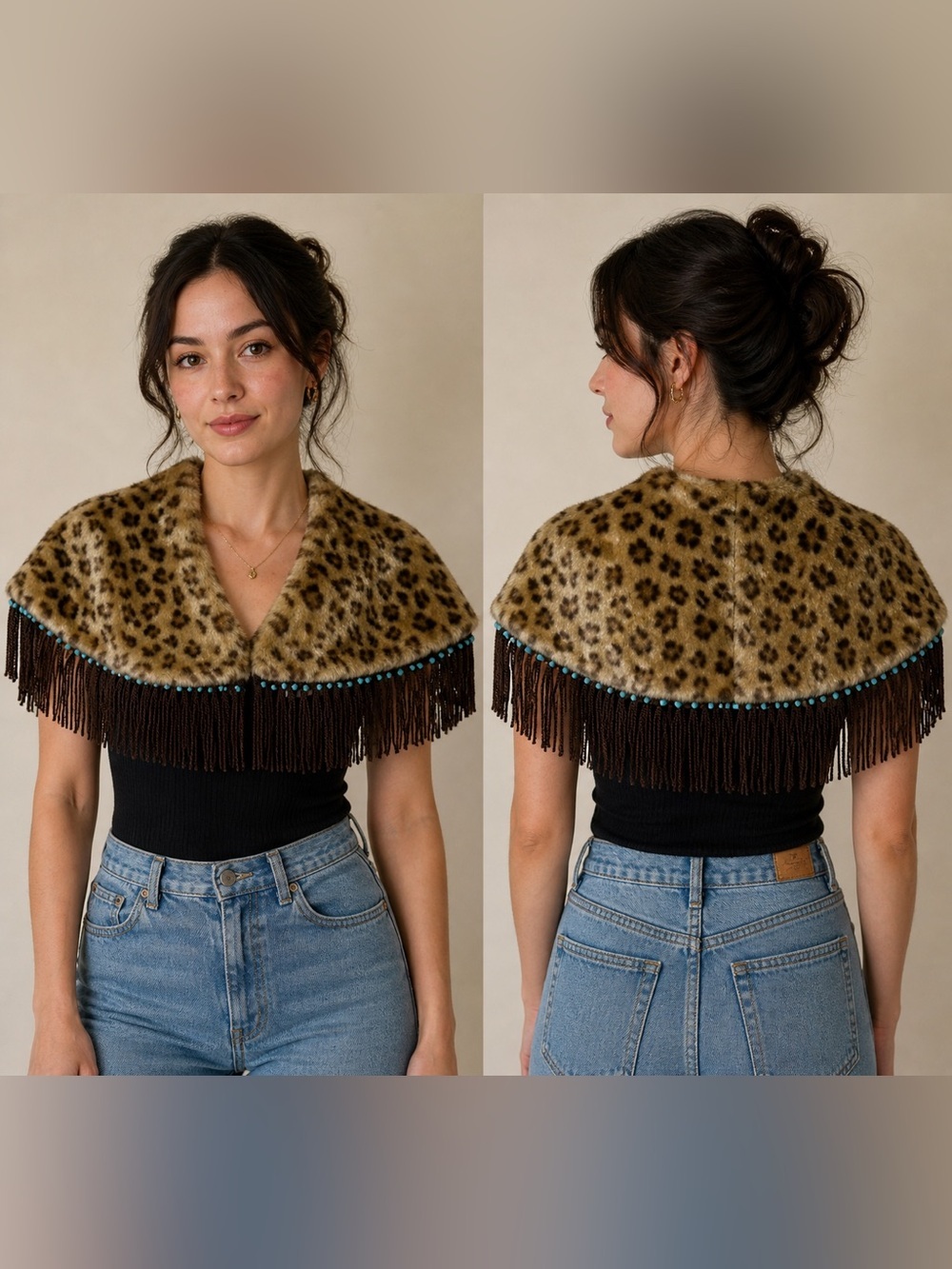 Storybook Knits Leopard Print Faux Fur Wrap with Fringe turquoise beads cape
